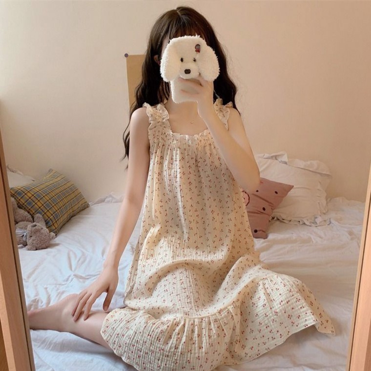 시원한 시어서커 체리 민소매 나시 원피스 홈웨어 잠옷 - 메인 이미지