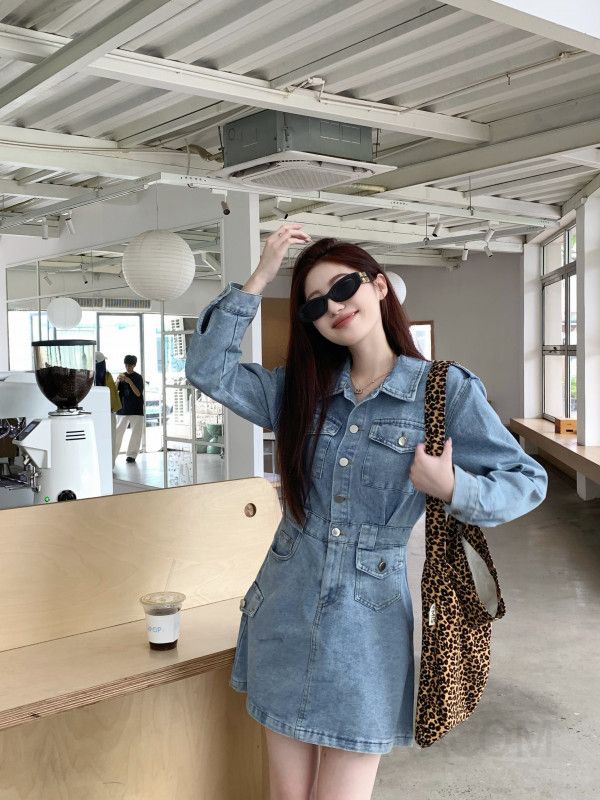 여성 데님 미니원피스 봄 가을 슬림핏 A라인 스타일 캐주얼 드레스 허리 강조 레트로 디자인 데일리 착용감 좋은 트렌디한 패션 - 상세 이미지 3
