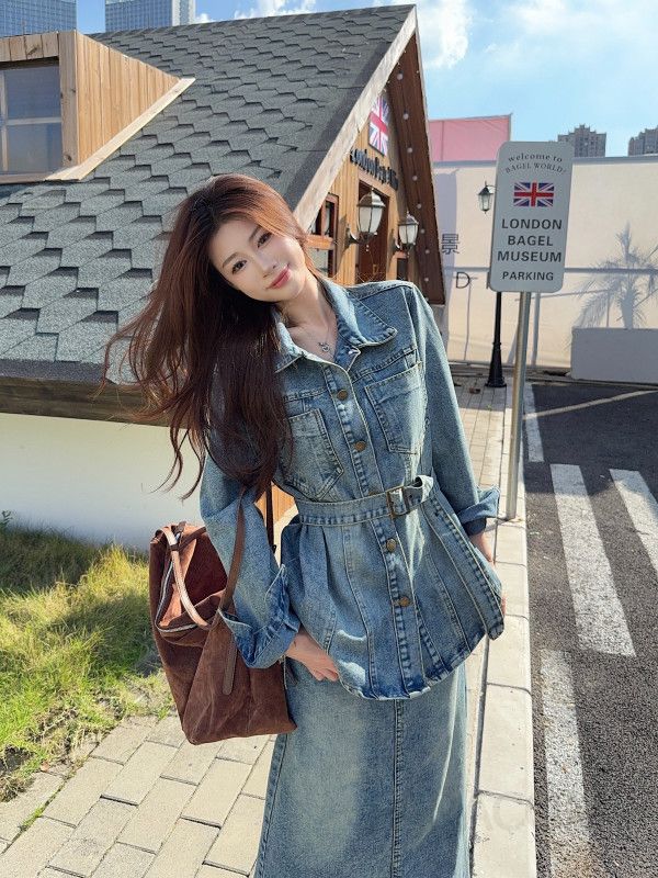 여성 캐주얼 봄 가을 데님 재킷 레이스업 스커트 투피스 세트 패션 긴팔 복고풍 스타일 편안한 착용감 상하코디 - 상세 이미지 3