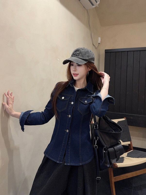 슬림핏 데님 셔츠 여성 가을 겨울 긴팔 캐주얼 스타일 레트로 디자인 청남방 코튼 소재 편안한 착용감 데일리룩 - 상세 이미지 5