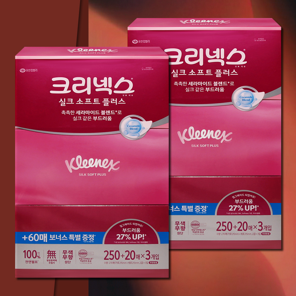 크리넥스 실크소프트 플러스 각티슈 미용티슈 270매 6개 대용량 곽티슈 곽휴지 사각티슈
