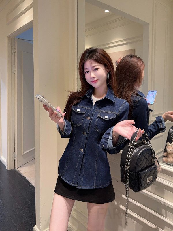 슬림핏 데님 셔츠 여성 가을 겨울 긴팔 캐주얼 스타일 레트로 디자인 청남방 코튼 소재 편안한 착용감 데일리룩 - 상세 이미지 4
