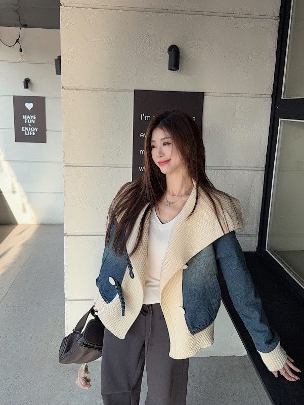 가을 여성 데님 재킷 와이드 팬츠 트레이닝 세트 스타일리시한 공항룩 레저 스포츠 투피스 캐주얼한 착용감 편안한 외출용 - 상세 이미지 5