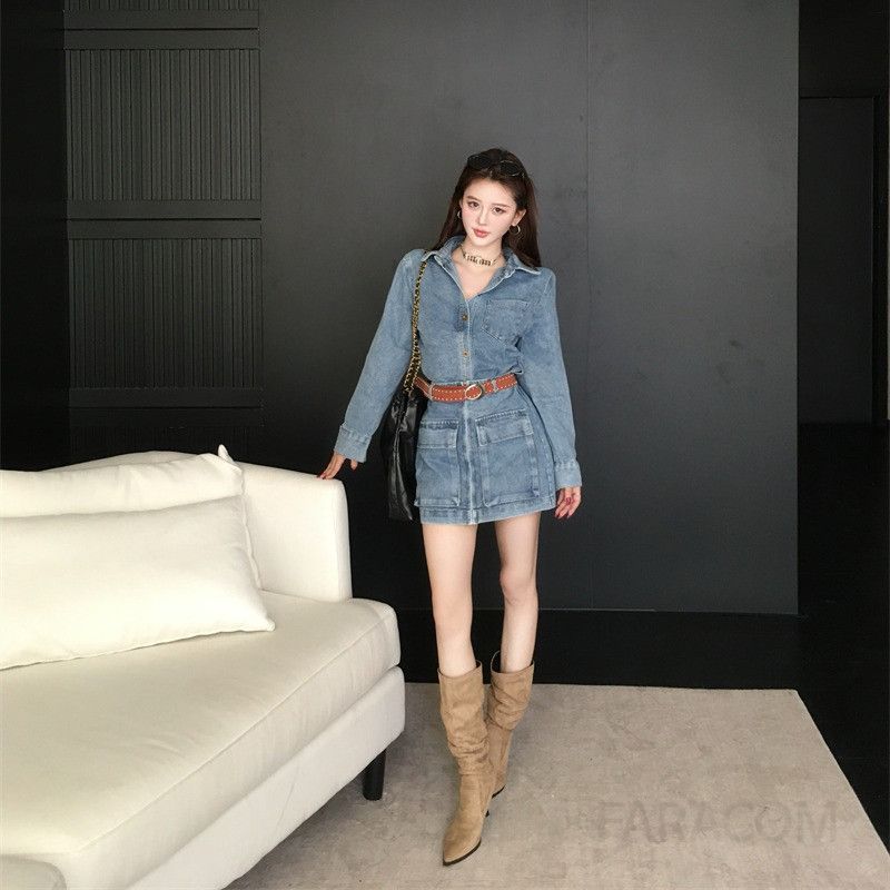 봄 데일리 데님 셔츠 원피스 여성용 가짜 투피스 스타일 캐주얼한 착용감 편안한 외출용 레이어드룩 - 상품 이미지