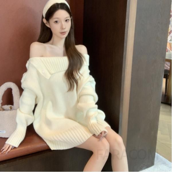 여성용 원숄더 스웨터 간절기 귀여운 스타일 도톰한 착용감 니트티 데일리룩 코디 아이보리니트와 라운드 매치 가능 - 상품 이미지