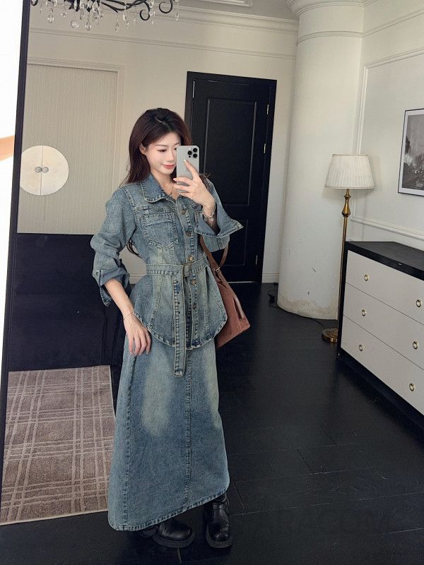 여성 캐주얼 봄 가을 데님 재킷 레이스업 스커트 투피스 세트 패션 긴팔 복고풍 스타일 편안한 착용감 상하코디 - 상세 이미지 2
