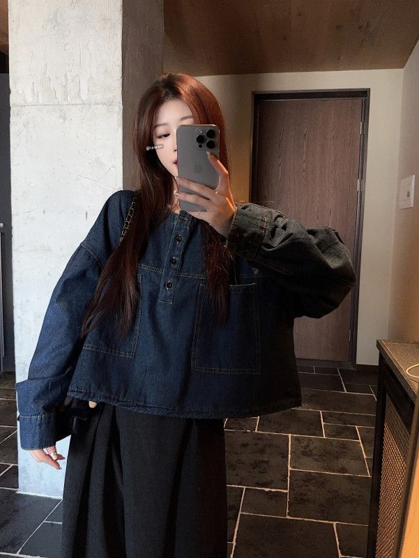 가을 여성 캐주얼 청남방 루즈핏 데님셔츠 오버핏 스타일 포켓 디테일 패치워크 활용도 높은 다용도 셔츠 - 상세 이미지 4