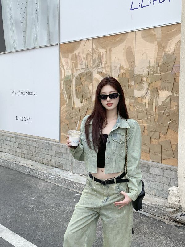 데님 청자켓 여성 투피스 봄 가을 캐주얼 스타일 복고풍 청청패션 상하세트 크롭 재킷 긴팔 바람막이 청바지 워싱 진청 오브핏 편안한 착용감 - 상세 이미지 4
