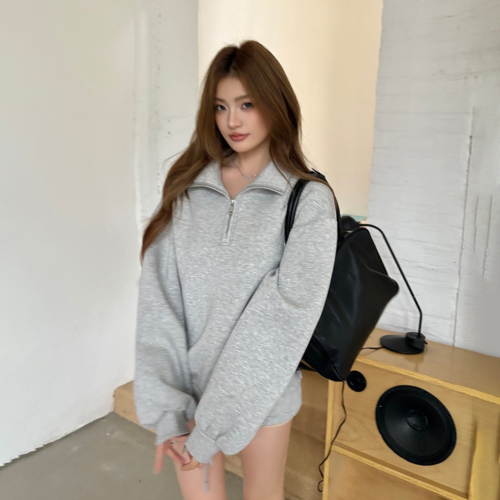 여성 간절기 루즈핏 하이넥 반집업 맨투맨 데일리룩 - 상세 이미지 3