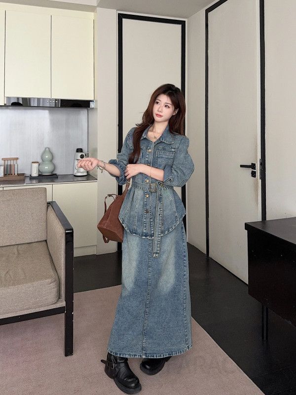 여성 캐주얼 봄 가을 데님 재킷 레이스업 스커트 투피스 세트 패션 긴팔 복고풍 스타일 편안한 착용감 상하코디 - 상세 이미지 4