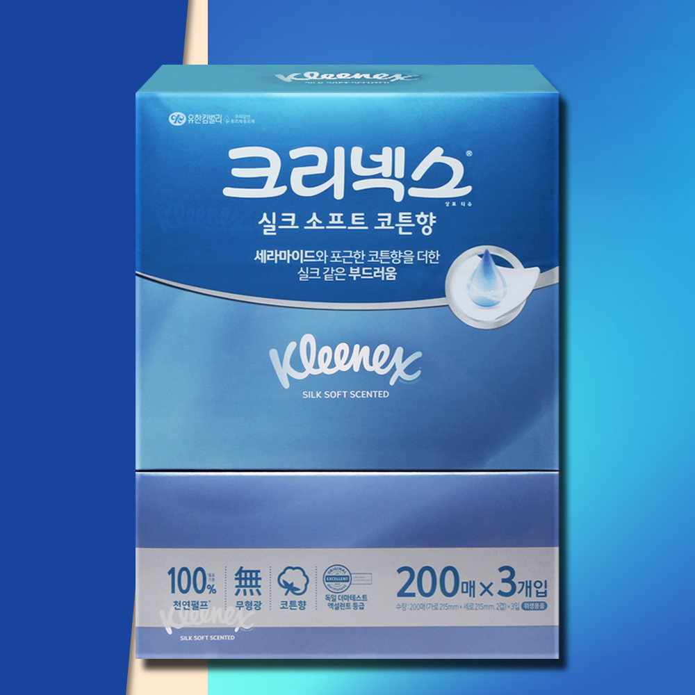 크리넥스 실크소프트 코튼향 각티슈 미용티슈 200매 3개 대용량 곽티슈 곽휴지 사각티슈