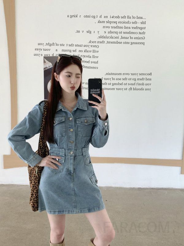여성 데님 미니원피스 봄 가을 슬림핏 A라인 스타일 캐주얼 드레스 허리 강조 레트로 디자인 데일리 착용감 좋은 트렌디한 패션 - 상세 이미지 2