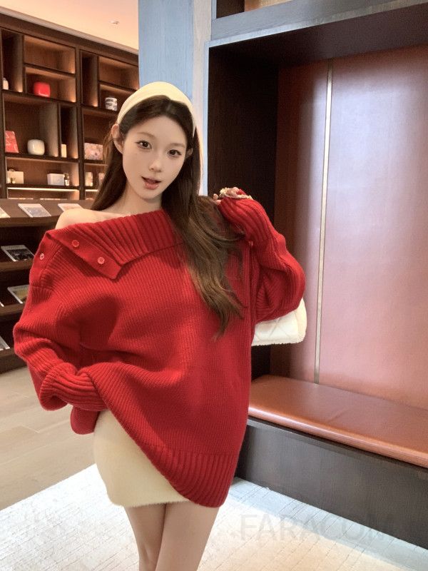 여성용 원숄더 스웨터 간절기 귀여운 스타일 도톰한 착용감 니트티 데일리룩 코디 아이보리니트와 라운드 매치 가능 - 상세 이미지 4