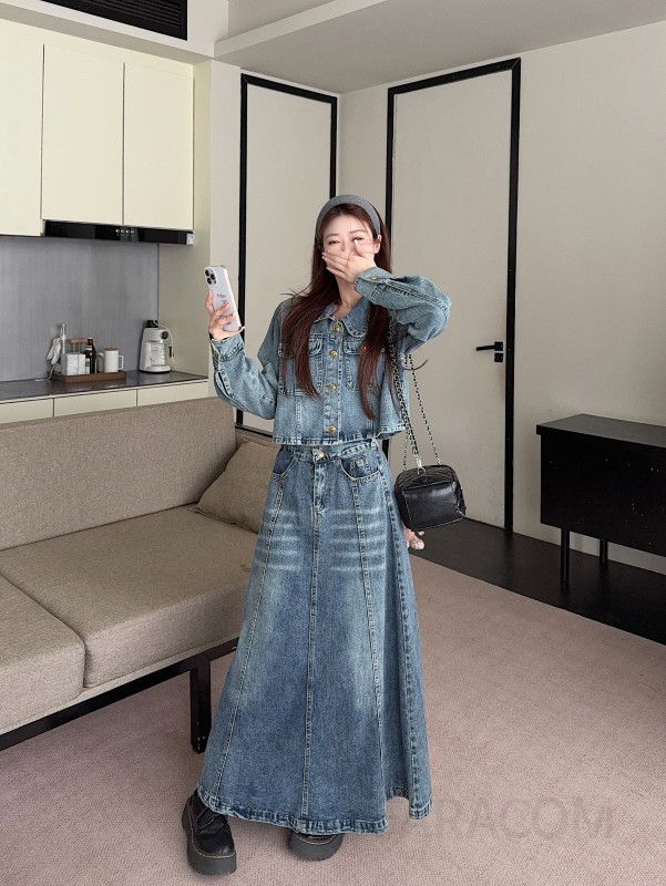 여성 레트로 데님 투피스 세트 봄 가을 캐주얼 청청 셋업 자켓 스커트 모던한 스타일 청청셋업 코디 생지 느낌의 트렌디한 디자인 - 상세 이미지 3