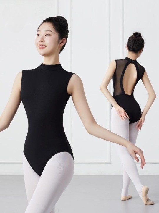 홀터넥레오타드 여성 백리스 무용복 홀터넥 시스루 성인발레복 블랙 S - 상품 이미지