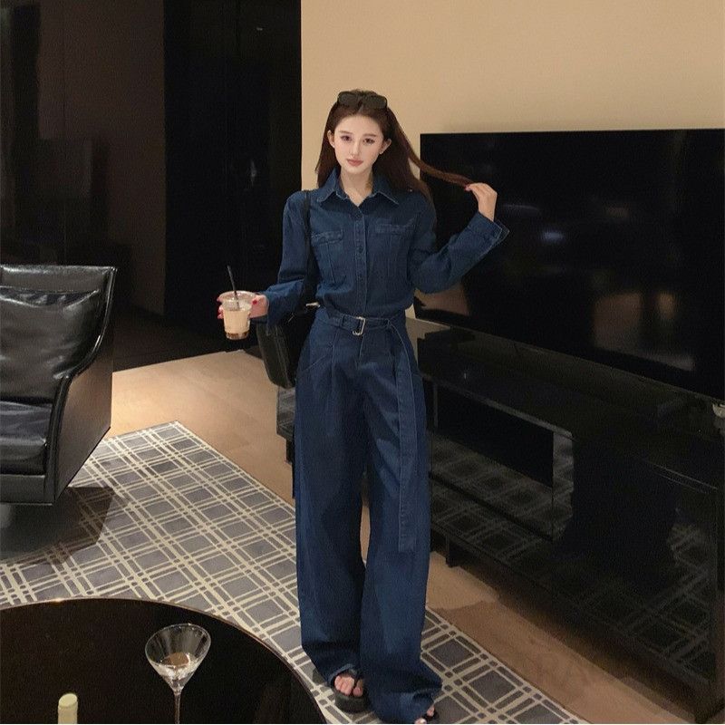 여름 여성 데님 투피스 셋업 세트 루즈핏 와이드 레그 팬츠와 긴팔 셔츠 캐주얼 청청 스타일 시원한 착용감 휴양지 모던한 디자인 - 상세 이미지 2