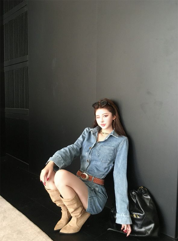 봄 데일리 데님 셔츠 원피스 여성용 가짜 투피스 스타일 캐주얼한 착용감 편안한 외출용 레이어드룩 - 상세 이미지 5