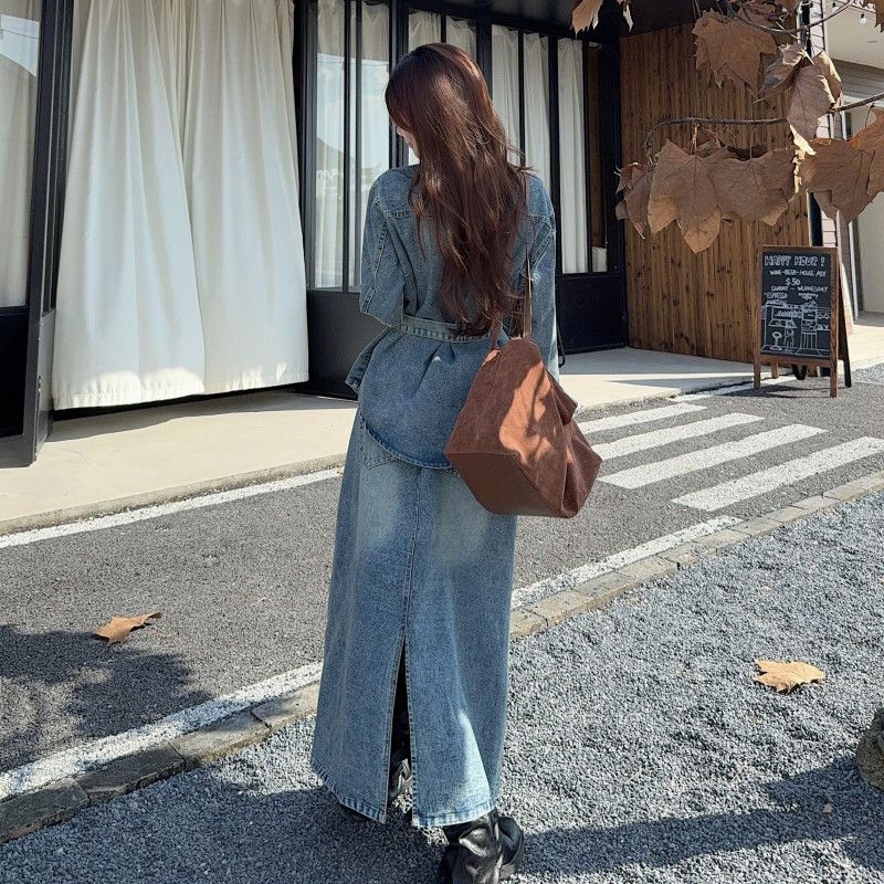여성 캐주얼 봄 가을 데님 재킷 레이스업 스커트 투피스 세트 패션 긴팔 복고풍 스타일 편안한 착용감 상하코디 - 상세 이미지 5