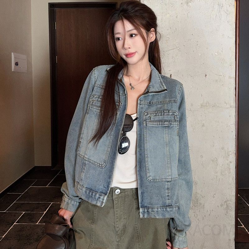 여성 봄 가을 데님자켓 라이트 블루 루즈핏 오버핏 스타일 캐주얼 레트로 청재킷 트렌디한 아우터 데일리패션 코디 가능한 멋진 디자인 - 상품 이미지
