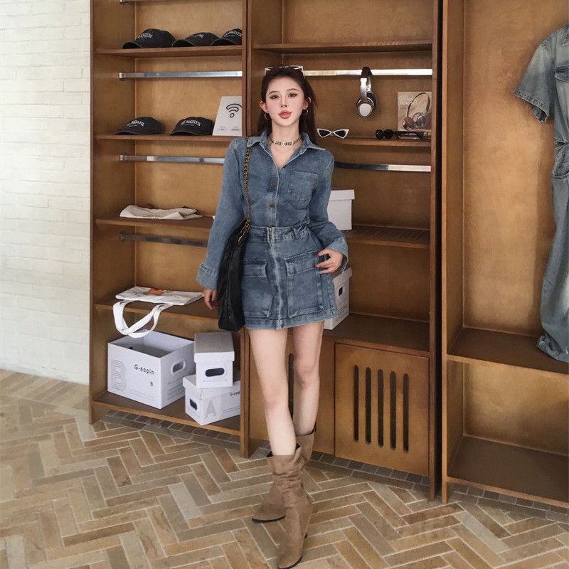 봄 데일리 데님 셔츠 원피스 여성용 가짜 투피스 스타일 캐주얼한 착용감 편안한 외출용 레이어드룩 - 상세 이미지 3