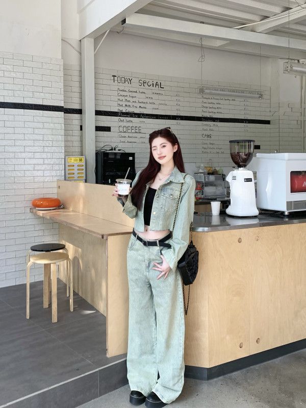데님 청자켓 여성 투피스 봄 가을 캐주얼 스타일 복고풍 청청패션 상하세트 크롭 재킷 긴팔 바람막이 청바지 워싱 진청 오브핏 편안한 착용감 - 상세 이미지 3