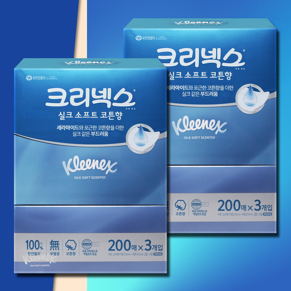 크리넥스 실크소프트 코튼향 각티슈 미용티슈 200매 6개 대용량 곽티슈 곽휴지 사각티슈