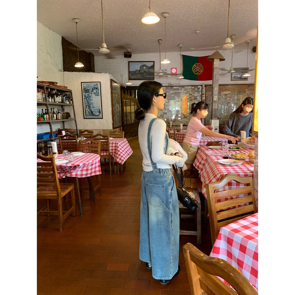멜빵탈부착 핀턱 와이드데님팬츠 밴딩 오버핏 힙한 빈티지 레트로 라이트블루 - 상세 이미지 5