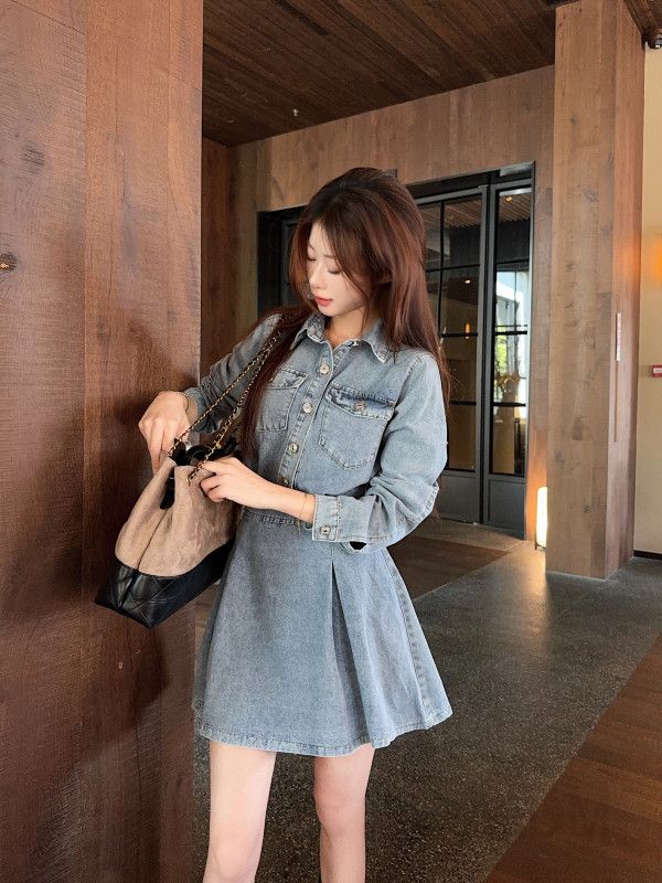 가을 데님 미니스커트 여성 허리 슬리밍 플리츠 스커트 레트로 스타일 캐주얼 원피스 매력적인 외출용 데일리룩 - 상세 이미지 4