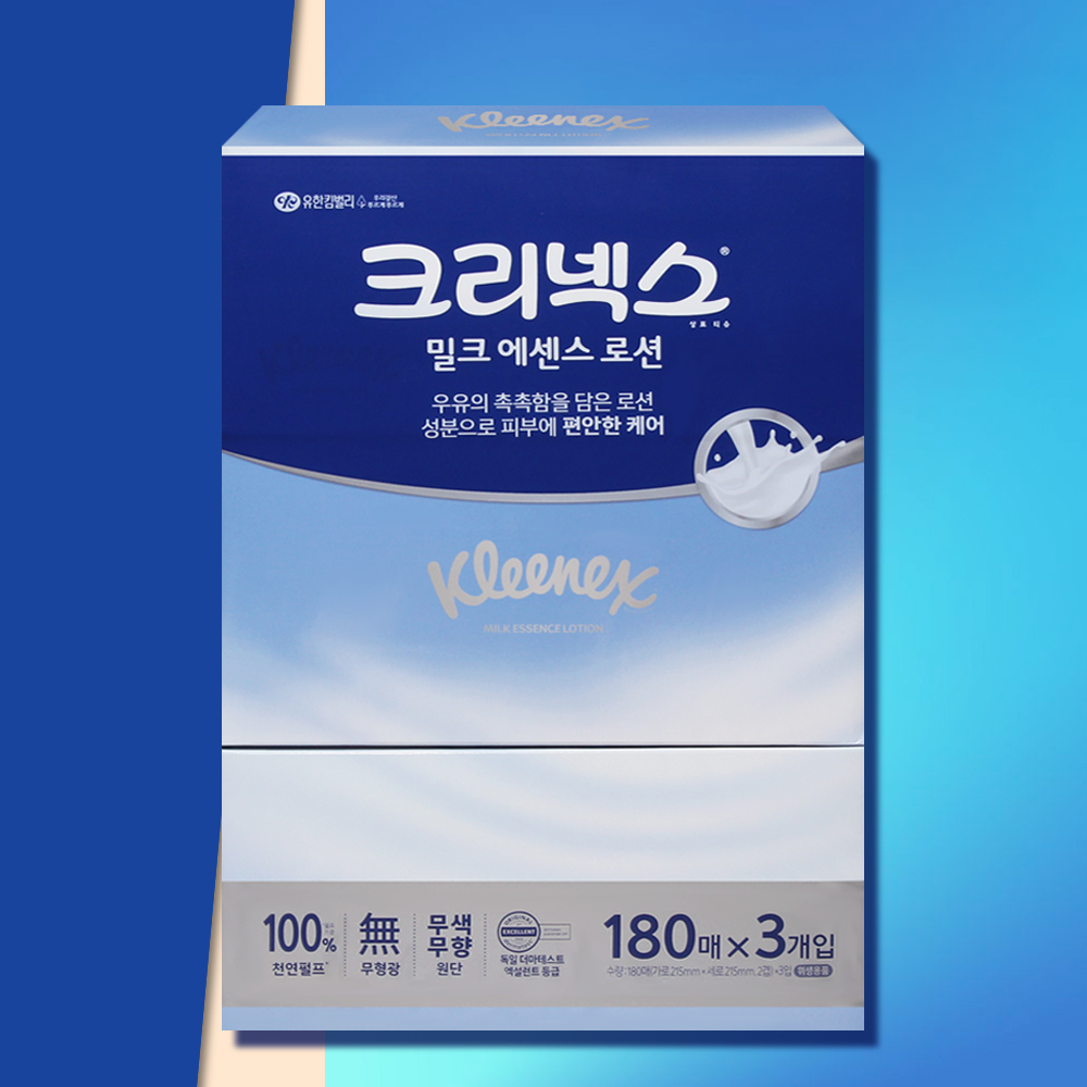 크리넥스 각티슈 밀크에센스 로션 미용티슈 180매 3개 보습티슈 피부저자극 곽티슈