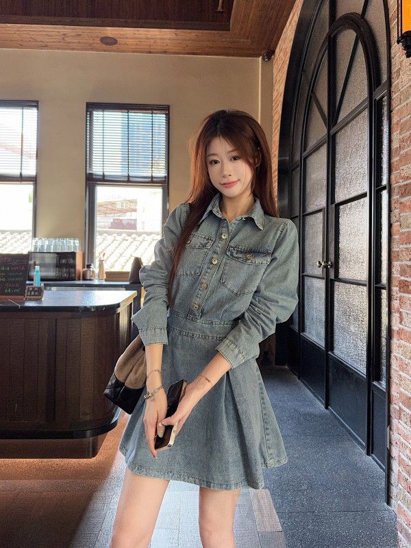 가을 데님 미니스커트 여성 허리 슬리밍 플리츠 스커트 레트로 스타일 캐주얼 원피스 매력적인 외출용 데일리룩 - 상세 이미지 5