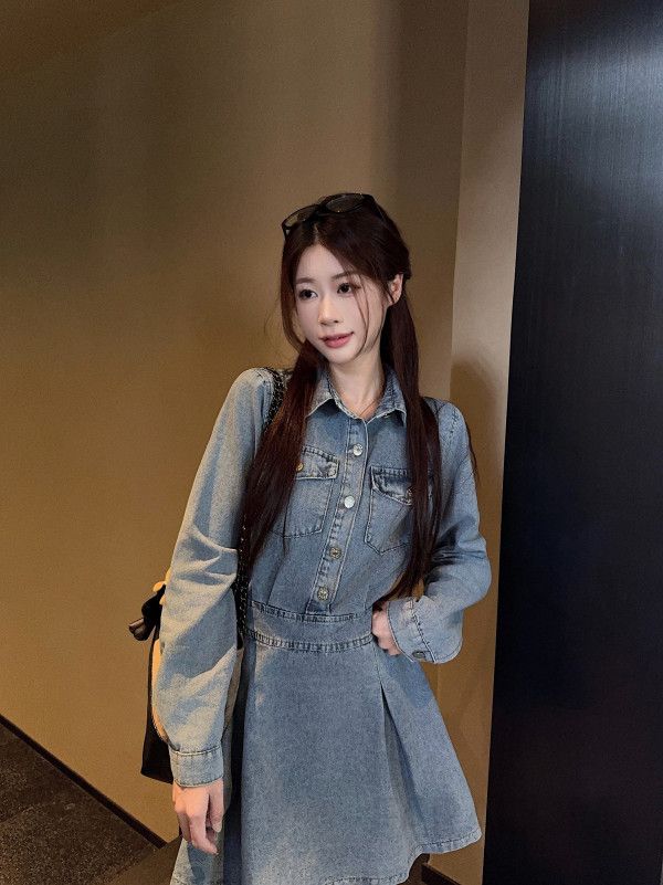 가을 데님 미니스커트 여성 허리 슬리밍 플리츠 스커트 레트로 스타일 캐주얼 원피스 매력적인 외출용 데일리룩 - 상세 이미지 2