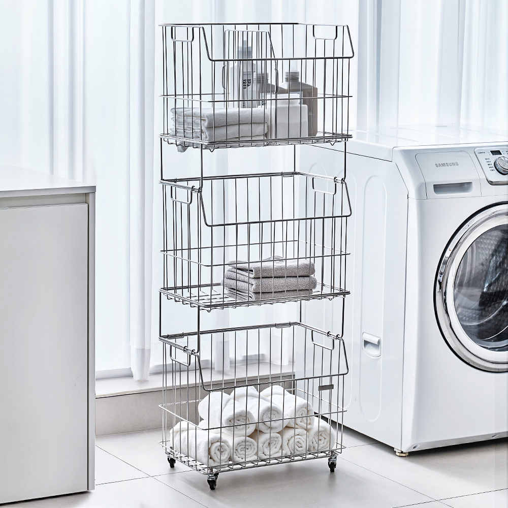 로긴 304 프리미엄 올스텐 3단 정면형 기본 이동식 대용량 빨래바구니 세탁 철제 세탁바구니 제품 이미지