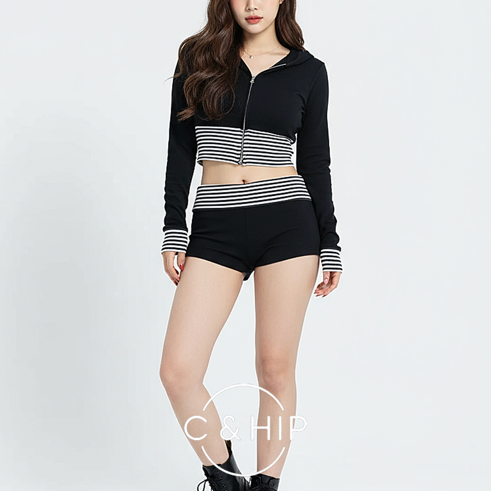 단가라 크롭 후드 집업 로우라이즈 반바지 숏팬츠 트레이닝복 세트 3color - 메인 이미지