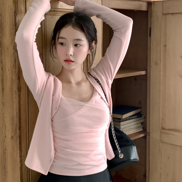 샤 셔링 슬리브리스 긴팔 가디건 세트 나시가디건 st2975 제품 이미지