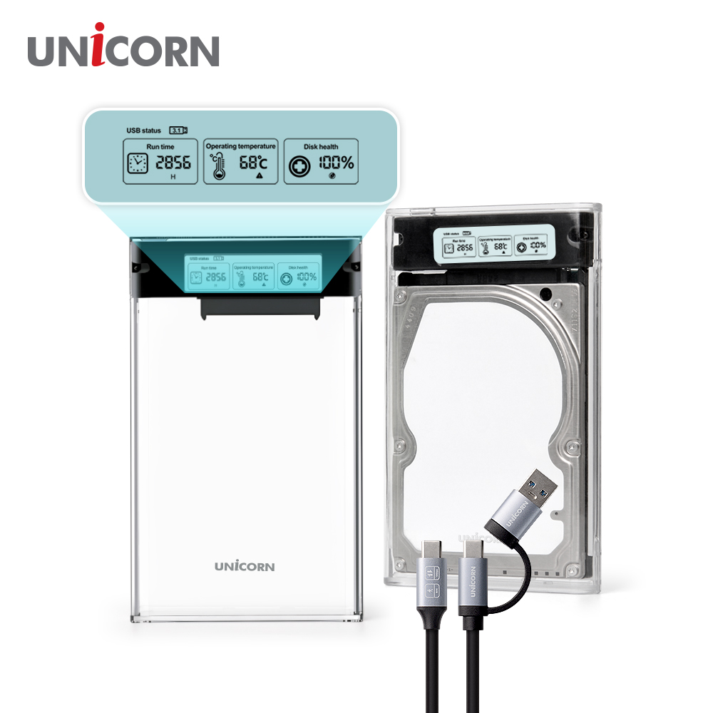 유니콘 스마트LCD 2.5인치 HDD SSD 투명외장하드케이스 USB3.2Gen1 A+C타입젠더 슬라이딩결합 HSD-L30 이미지 7