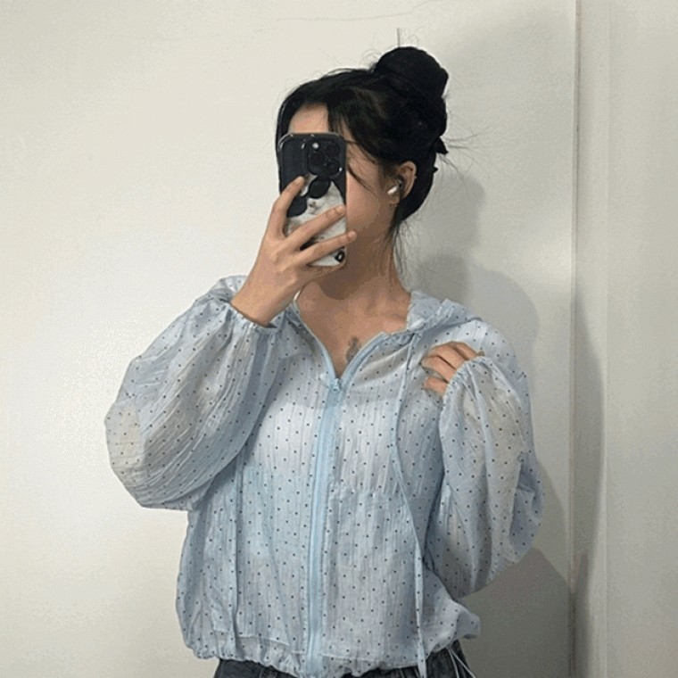 여성 여름 시스루 도트 후드 바람막이 자켓 점퍼 2color 윈드브레이커 아우터 장마룩 프릴 집업 잠바 - 상품 이미지