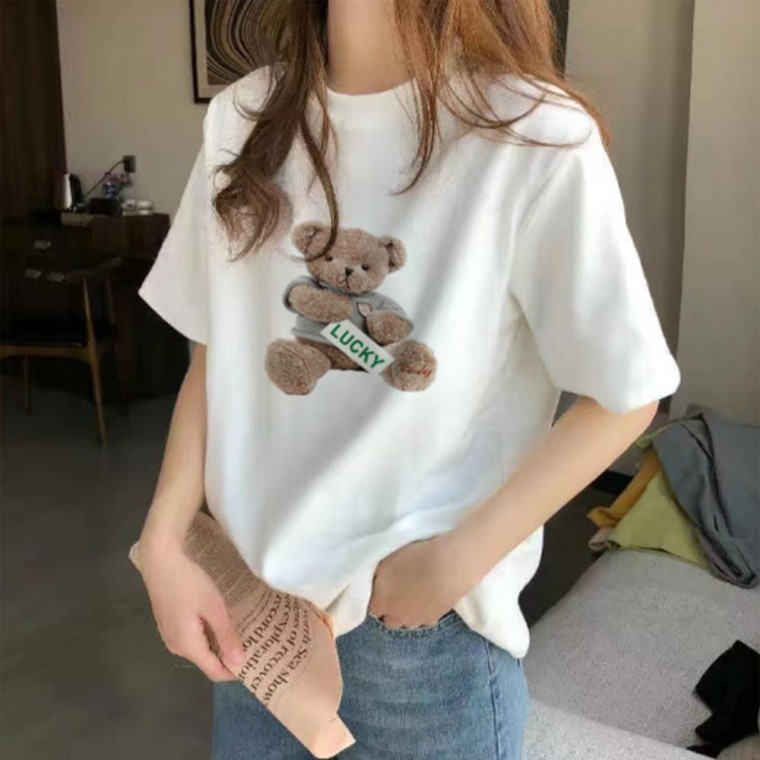 여성 반팔티셔츠 곰돌이 프린팅 라운드 베이직 티셔츠 - 상품 이미지