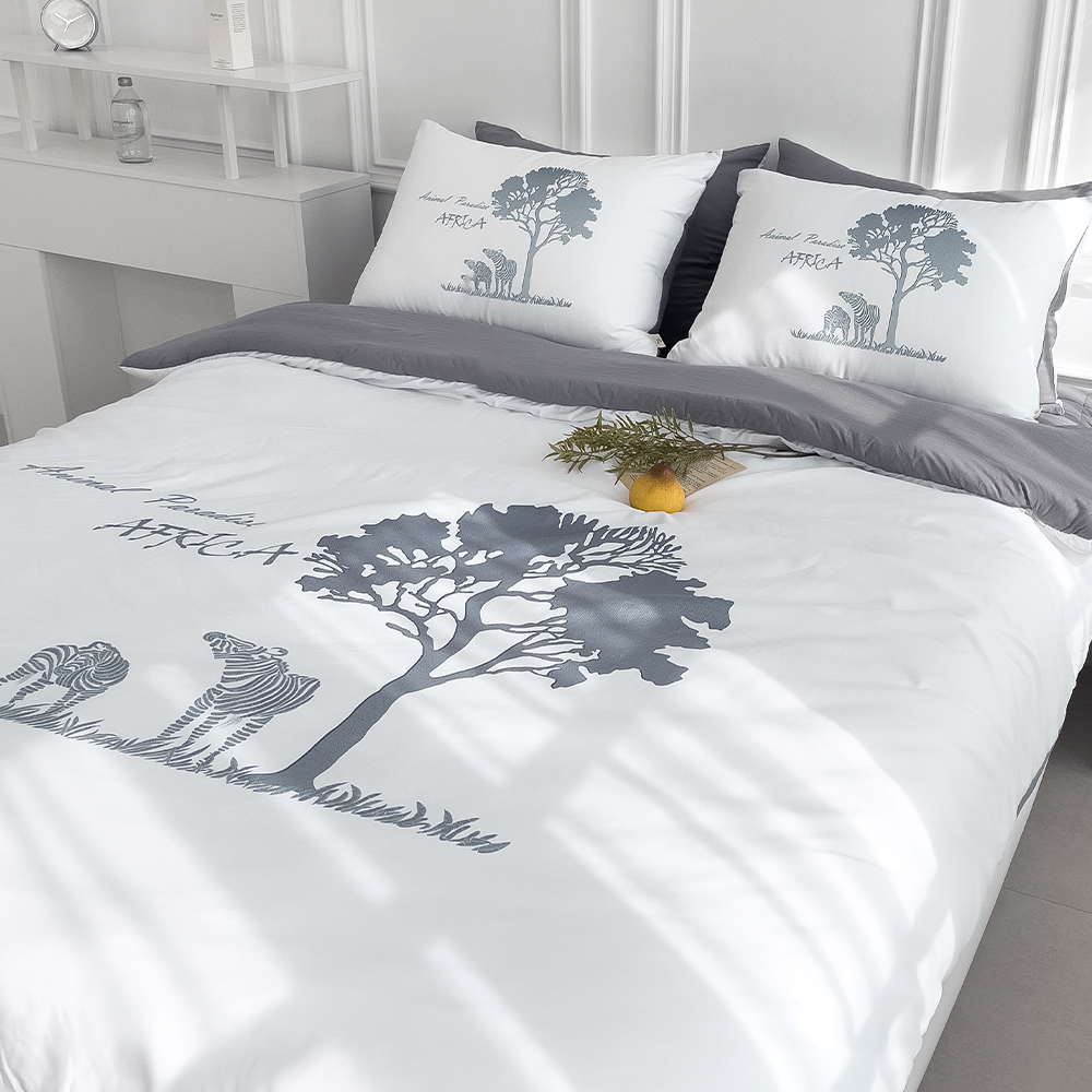 사바나 애니멀 프린트 워싱 옥수수솜 무봉제 차렵이불 세트 스톰 그레이, Q베이직세트(이불+베개커버)