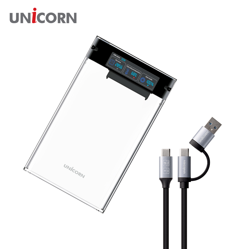 유니콘 스마트컬러LCD 2.5인치 HDD SSD 투명외장하드케이스 USB3.2Gen1 A+C타입젠더 슬라이딩결합 HSD-L40 - 상품 이미지