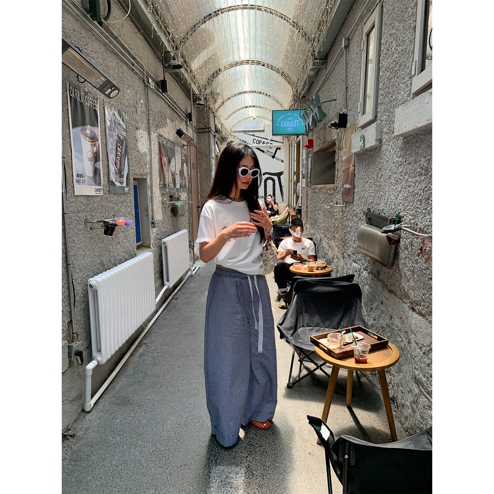 레이스스트링 밴딩 체크와이드팬츠 봄가을 캐주얼 잠옷같은 데일리 패션 코디 네이비 - 상세 이미지 5