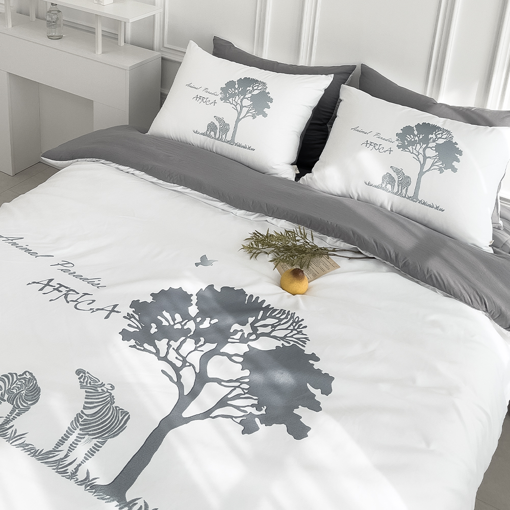 사바나 애니멀 프린트 워싱 옥수수솜 무봉제 차렵이불 세트 스톰 그레이, Q베이직세트(이불+베개커버)