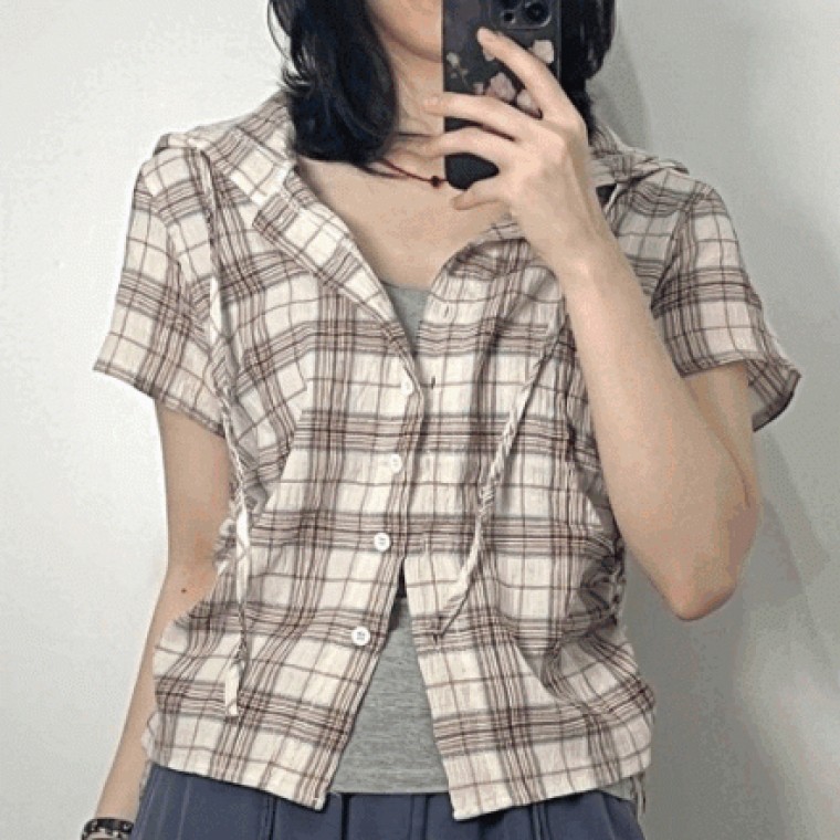 여성 후드 집업 반팔 체크 셔츠 남방 블라우스 티 3color 여자 빈티지 여름 셔링 베이지 그린 카키 네이비 - 상품 이미지