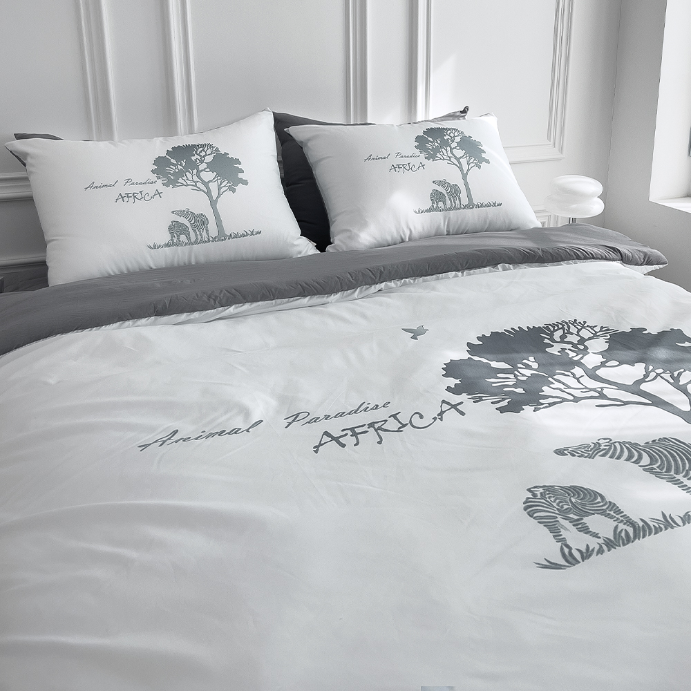 사바나 애니멀 프린트 워싱 옥수수솜 무봉제 차렵이불 세트 스톰 그레이, Q베이직세트(이불+베개커버)