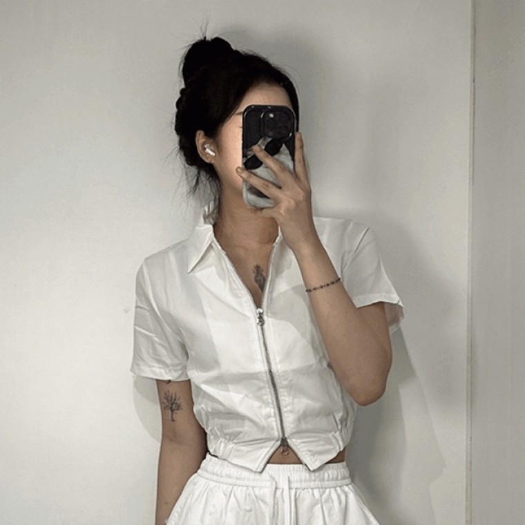 여성 투웨이 카라 반팔 집업 크롭 자켓 3color 카라넥 여름 바람막이 아우터 여자 슬림핏 밴딩 점퍼 데일리 - 메인 이미지