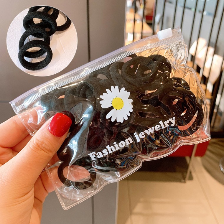 대용량 지퍼백 머리끈 머리 고무줄 검정 헤어끈 50p - 상품 이미지