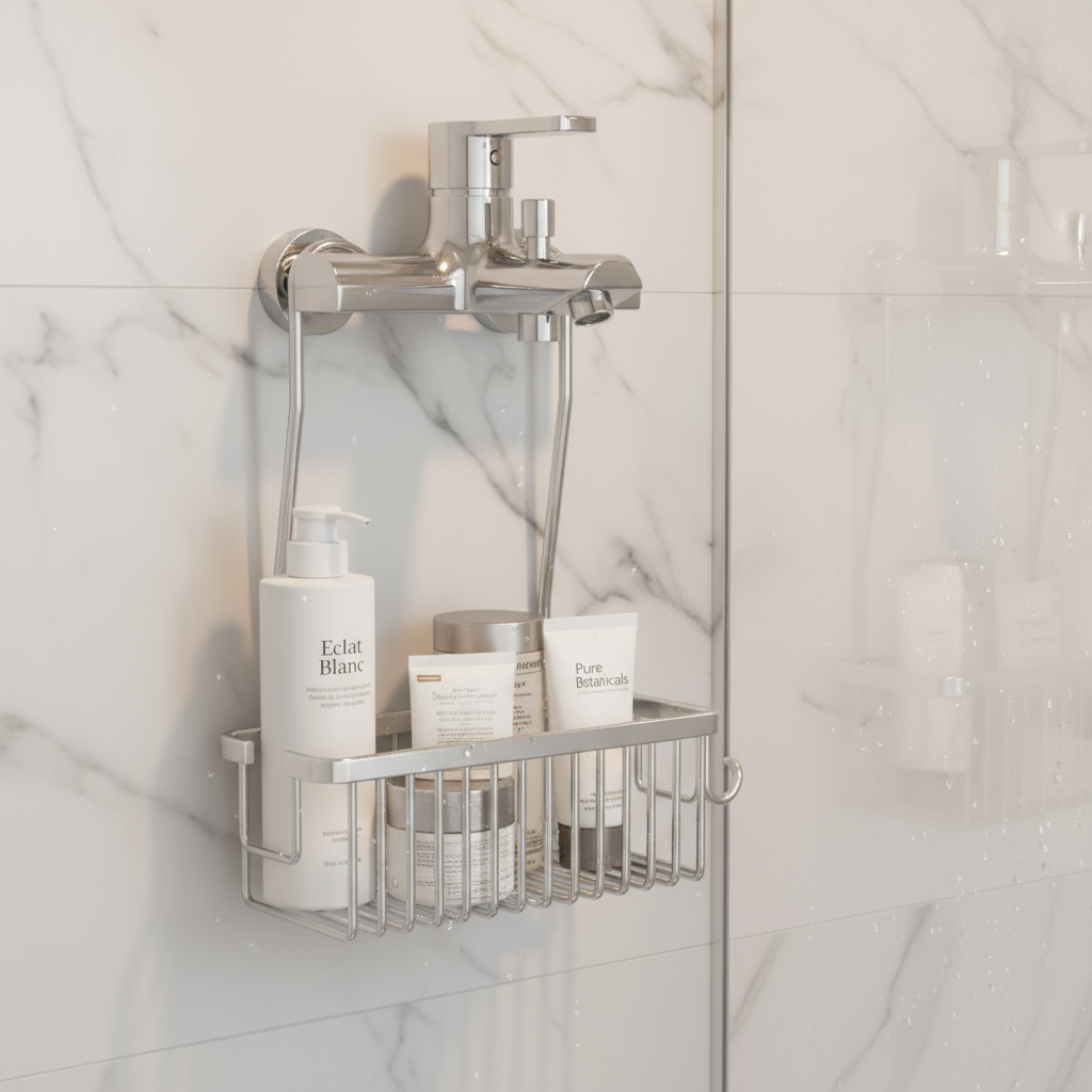 라슈에뜨 무타공 욕실 샤워수전 걸이형 욕실용품 디스펜서 정리 선반 메탈실버