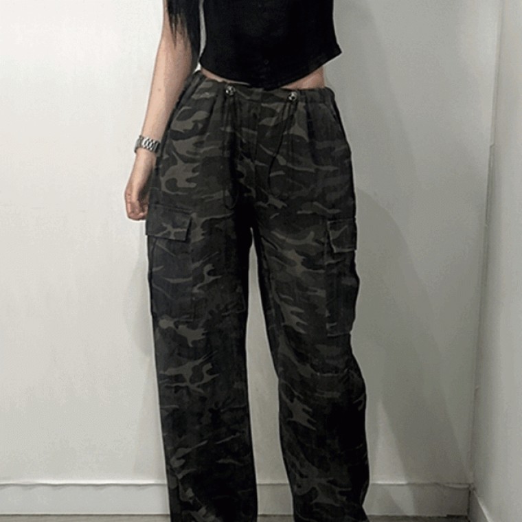 여성 카고 밀리터리 카모 바지 와이드 롱 팬츠 스트링 여자 조거 로우라이즈 투웨이 스트릿 힙한 트레이닝 - 상품 이미지