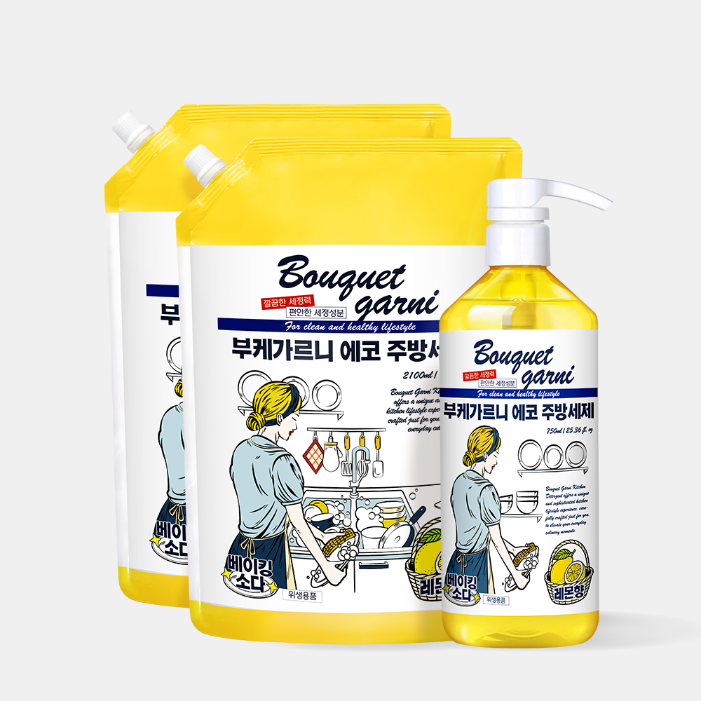 [단독SET] 부케가르니 에코 주방세제 750ml+2.1L 2개 레몬향 총 4.9L