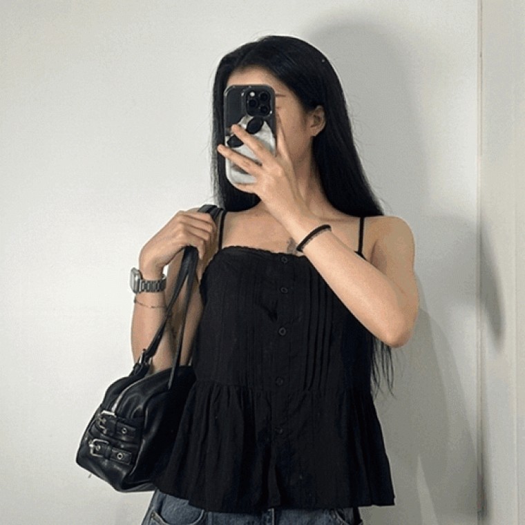 여성 플레어 나시 블라우스 펀칭 레이어드 단추 티 2color 여름 뷔스티에 프릴 핀턱 민소매 슬리브리스 - 메인 이미지