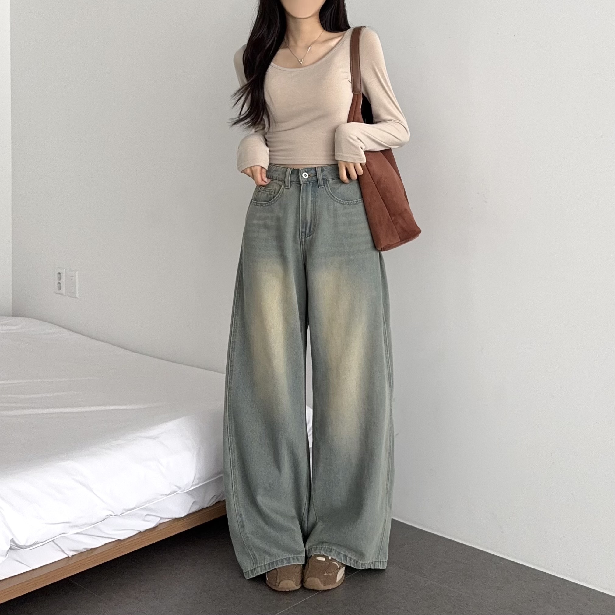여성 와이드 청바지 하이웨스트 핀턱 데님 진청 흑청 키작녀 팬츠 이미지 3